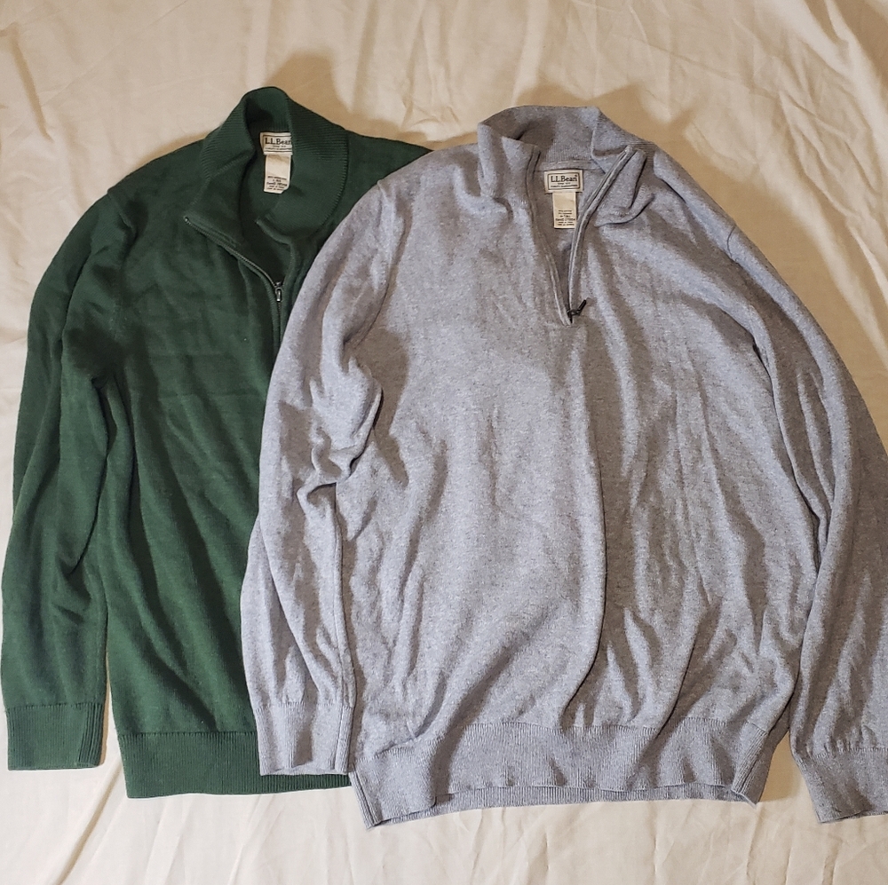 LL Bean Cotton Cashmere and Merino Wool Quarter Zip Sweater Oversize Grey Green
